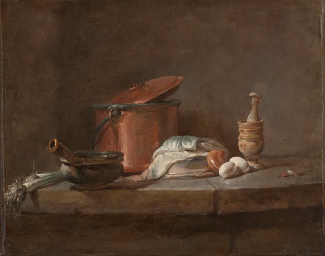 Jean Siméon Chardin, Ustensiles de cuisine, poireaux, poisson et œufs, vers 1734
