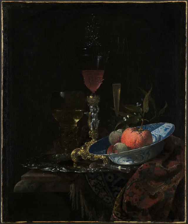Willem Kalf, Nature morte au verre de vin et à la coupe de fruits, 1663